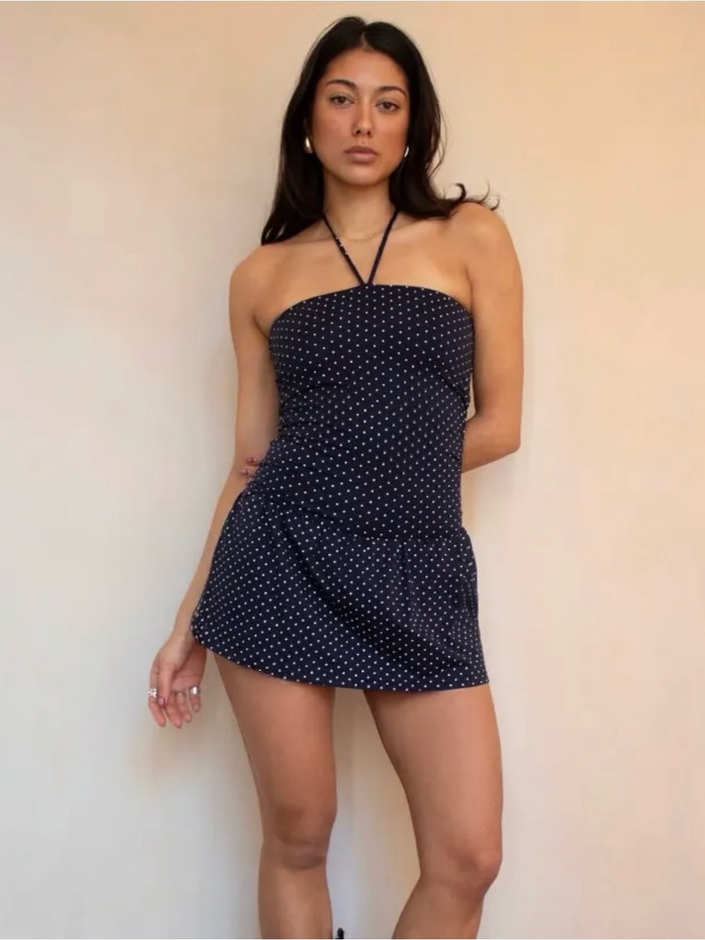 Navy Polka Dot Strapless Mini Dress